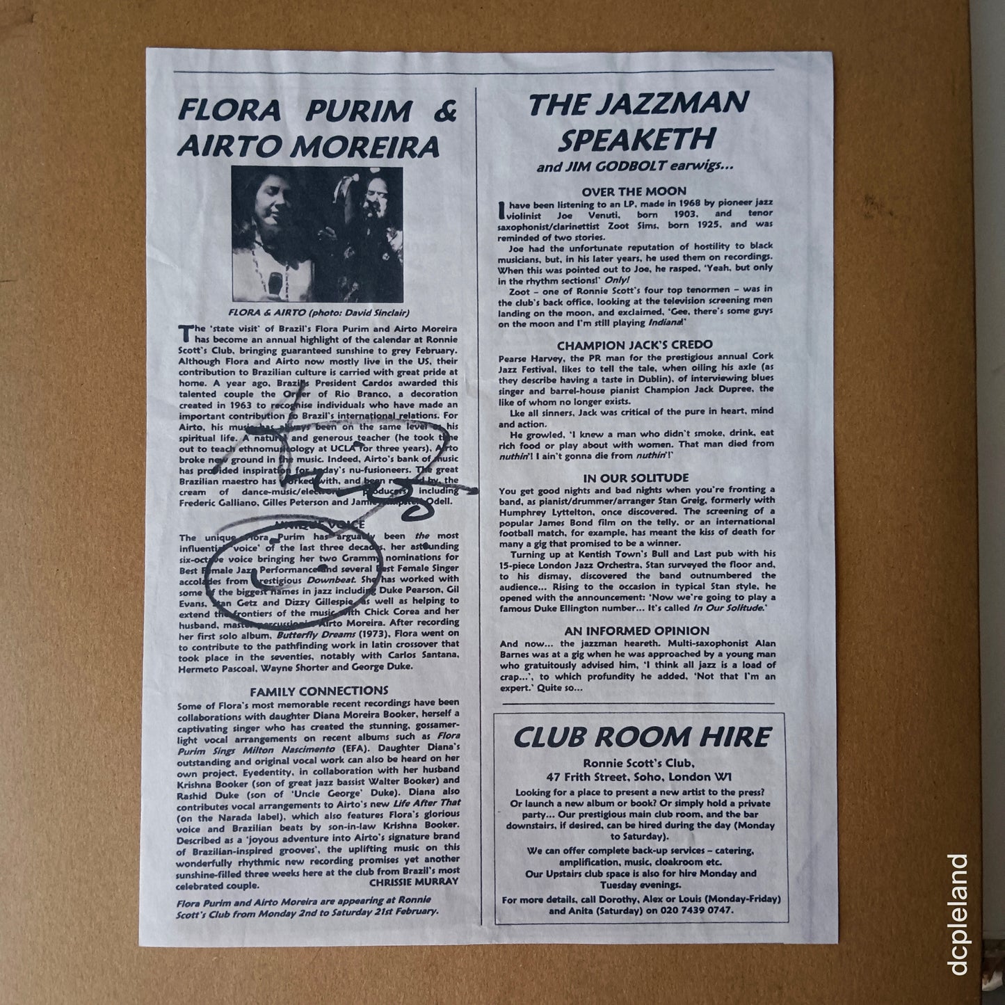 Airto Moreira Autograph from Ronnie Scott's Club, London, 2003