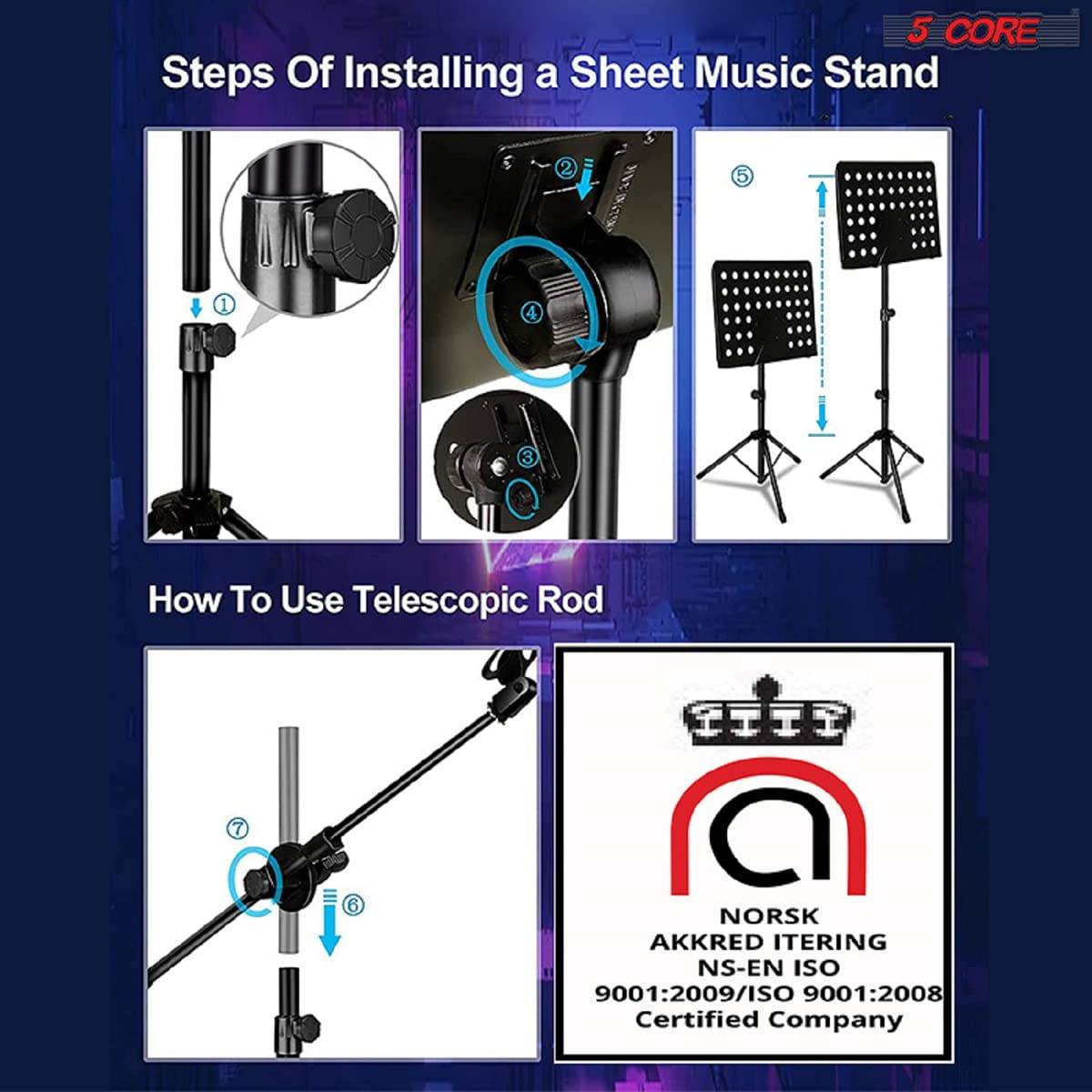 5 Core Sheet Music Stand With Mic Stand Holder - 3 IN 1 Professional Portable Music Stand with Folding Tray, Detachable Microphone Stand & Carry Bag, Dual-Use for Sheet Music & Projector Stand MUS MH