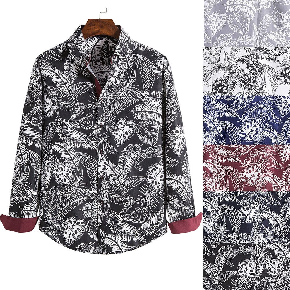 Men Floral Print Cotton Shirt Summer Autumn Long Sleeve