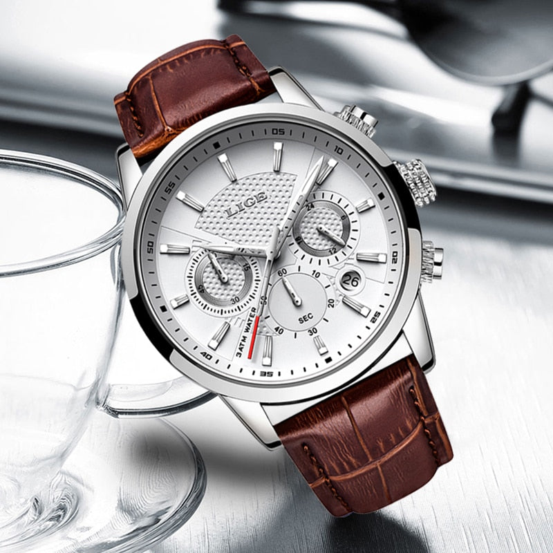 LIGE Leather Chronograph Waterproof Sport Automatic Date Quartz Watch For Men Relogio Masculino