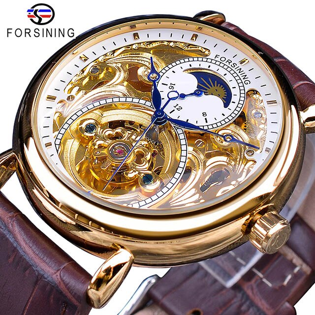 Forsining 2018 Royal Golden Skeleton Display Blue Hands Brown Genuine Leather Band Mens Mechanical Wristwatches Clock Male