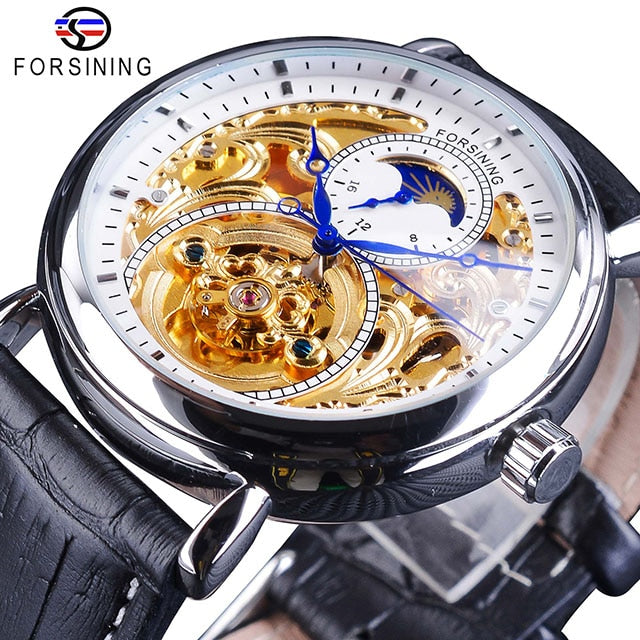 Forsining 2018 Royal Golden Skeleton Display Blue Hands Brown Genuine Leather Band Mens Mechanical Wristwatches Clock Male