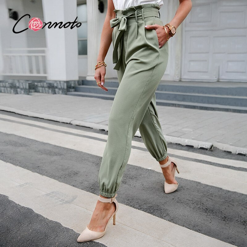 trousers High street style lace-up solid high waist casual spring summer women pants Fashion Loose long harem pants new