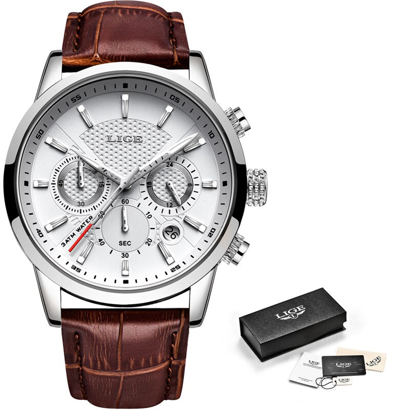 LIGE Leather Chronograph Waterproof Sport Automatic Date Quartz Watch For Men Relogio Masculino