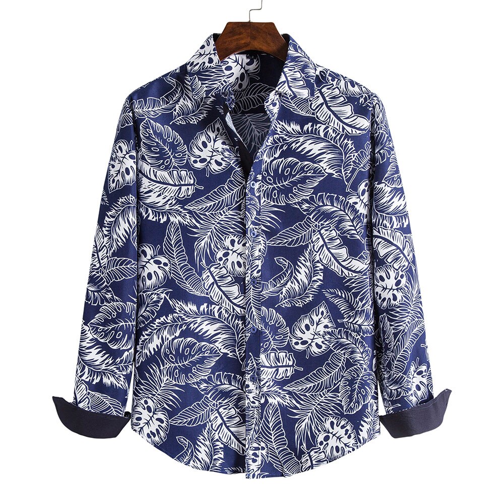 Men Floral Print Cotton Shirt Summer Autumn Long Sleeve