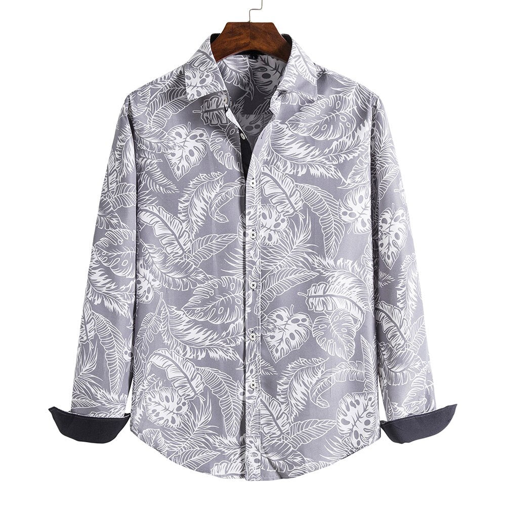 Men Floral Print Cotton Shirt Summer Autumn Long Sleeve