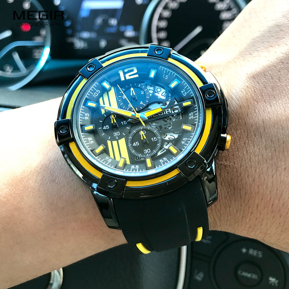 Watches Chronograph Sports Wristwatch for Men 3atm Waterproof Megir Men's Black Silicone Strap Quartz Luminous Hands 2097 Yellow