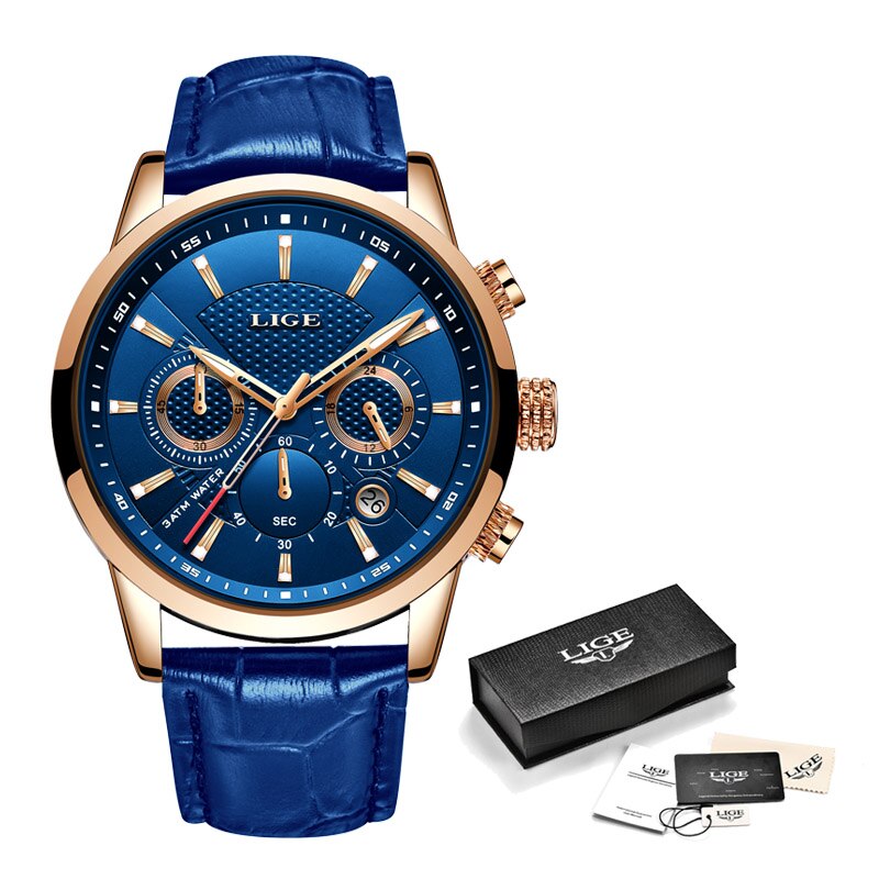 LIGE Leather Chronograph Waterproof Sport Automatic Date Quartz Watch For Men Relogio Masculino