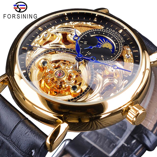 Forsining 2018 Royal Golden Skeleton Display Blue Hands Brown Genuine Leather Band Mens Mechanical Wristwatches Clock Male