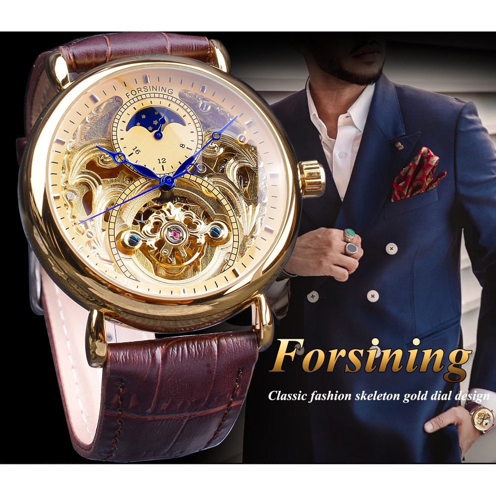Forsining 2018 Royal Golden Skeleton Display Blue Hands Brown Genuine Leather Band Mens Mechanical Wristwatches Clock Male