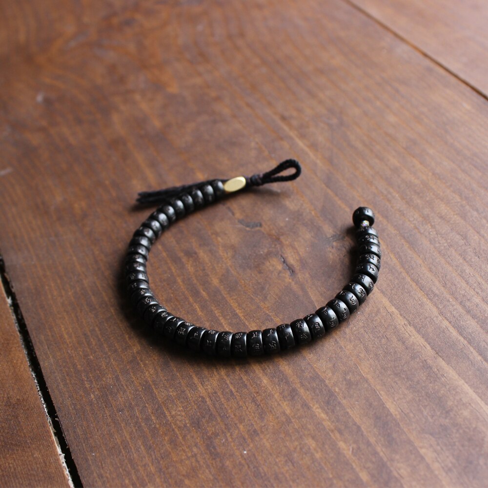 Tibetan buddhist Handbraided Black Cotton thread Lucky Knots bracelet Natural Coconut shell bead Carved OM Bangle Unique Gift