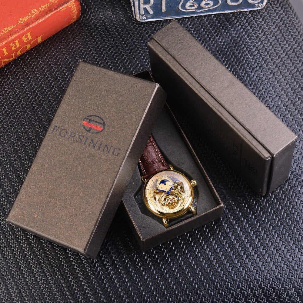 Forsining 2018 Royal Golden Skeleton Display Blue Hands Brown Genuine Leather Band Mens Mechanical Wristwatches Clock Male