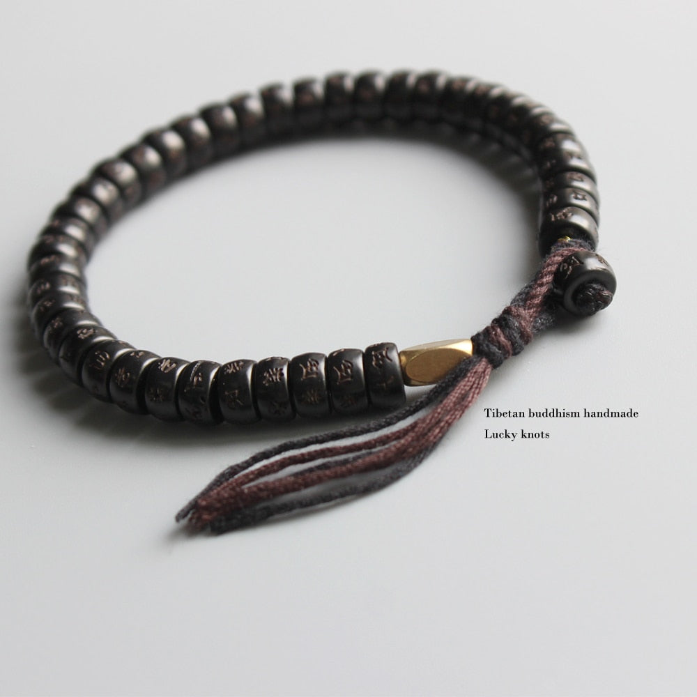 Tibetan buddhist Handbraided Black Cotton thread Lucky Knots bracelet Natural Coconut shell bead Carved OM Bangle Unique Gift