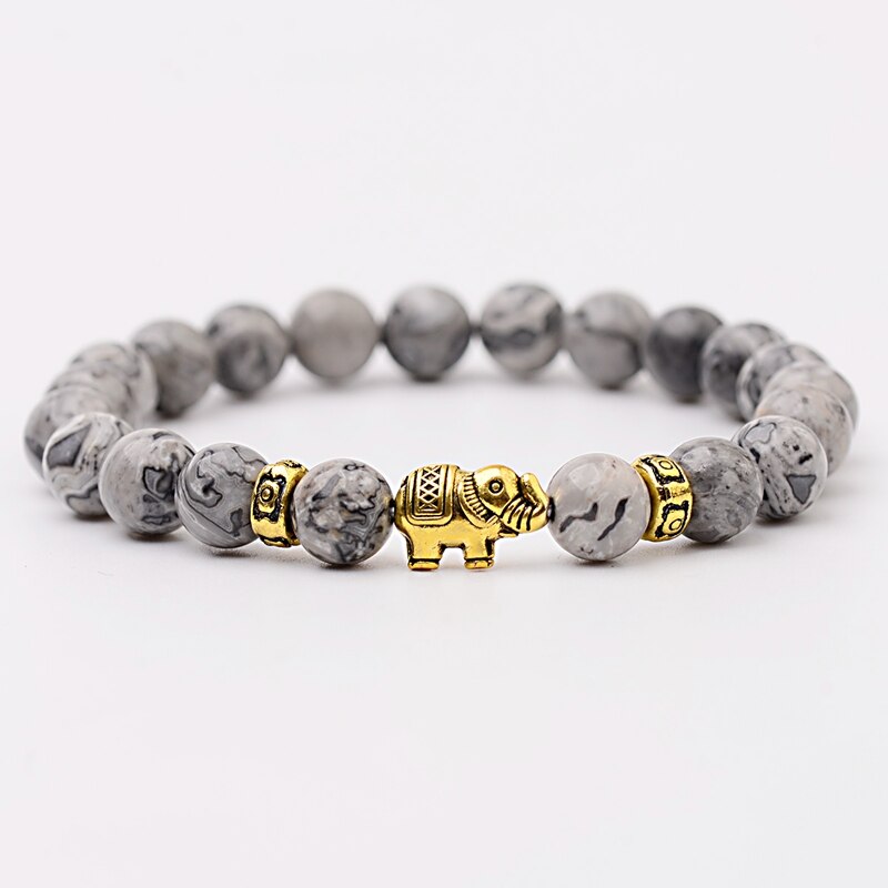 Natural Stone Bracelet Meditation Gold Elephant Beads Women Men