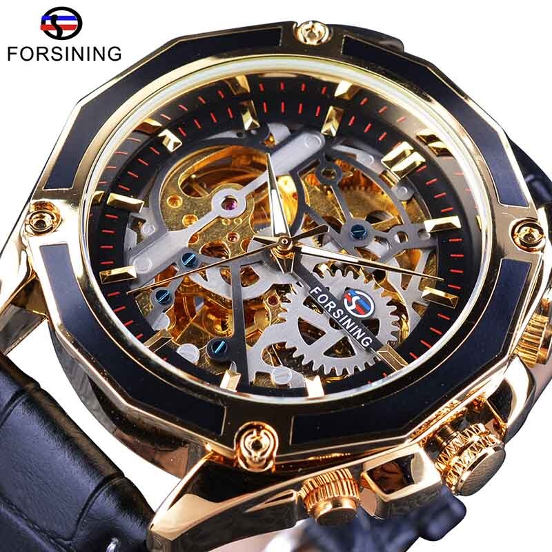 Forsining 2018 Royal Golden Skeleton Display Blue Hands Brown Genuine Leather Band Mens Mechanical Wristwatches Clock Male
