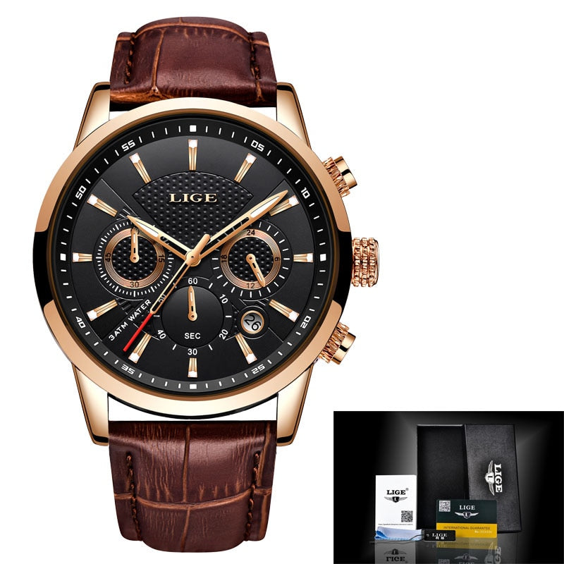 LIGE Leather Chronograph Waterproof Sport Automatic Date Quartz Watch For Men Relogio Masculino