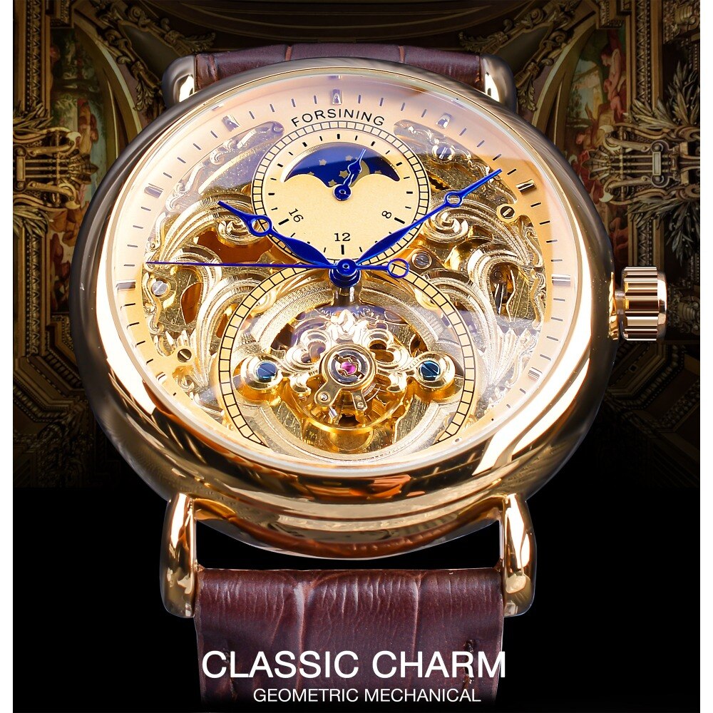 Forsining 2018 Royal Golden Skeleton Display Blue Hands Brown Genuine Leather Band Mens Mechanical Wristwatches Clock Male