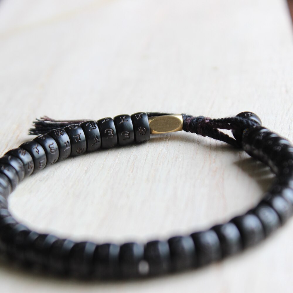 Tibetan buddhist Handbraided Black Cotton thread Lucky Knots bracelet Natural Coconut shell bead Carved OM Bangle Unique Gift