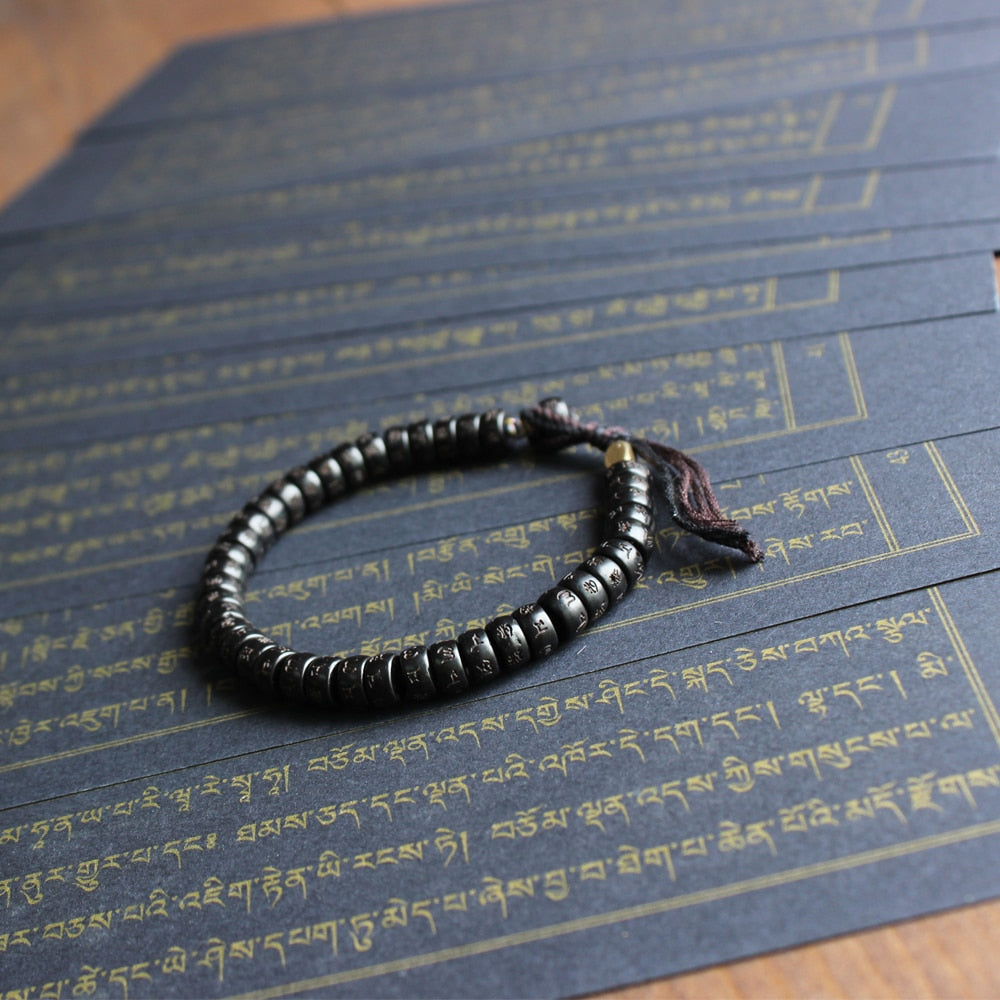 Tibetan buddhist Handbraided Black Cotton thread Lucky Knots bracelet Natural Coconut shell bead Carved OM Bangle Unique Gift