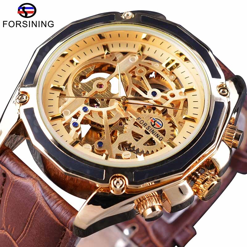 Forsining 2018 Royal Golden Skeleton Display Blue Hands Brown Genuine Leather Band Mens Mechanical Wristwatches Clock Male