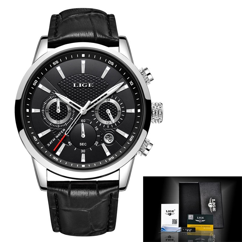 LIGE Leather Chronograph Waterproof Sport Automatic Date Quartz Watch For Men Relogio Masculino