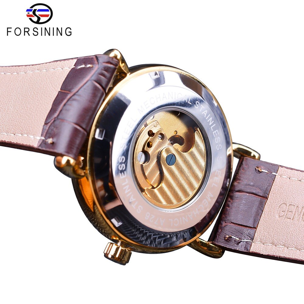 Forsining 2018 Royal Golden Skeleton Display Blue Hands Brown Genuine Leather Band Mens Mechanical Wristwatches Clock Male