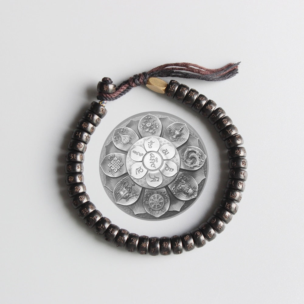 Tibetan buddhist Handbraided Black Cotton thread Lucky Knots bracelet Natural Coconut shell bead Carved OM Bangle Unique Gift