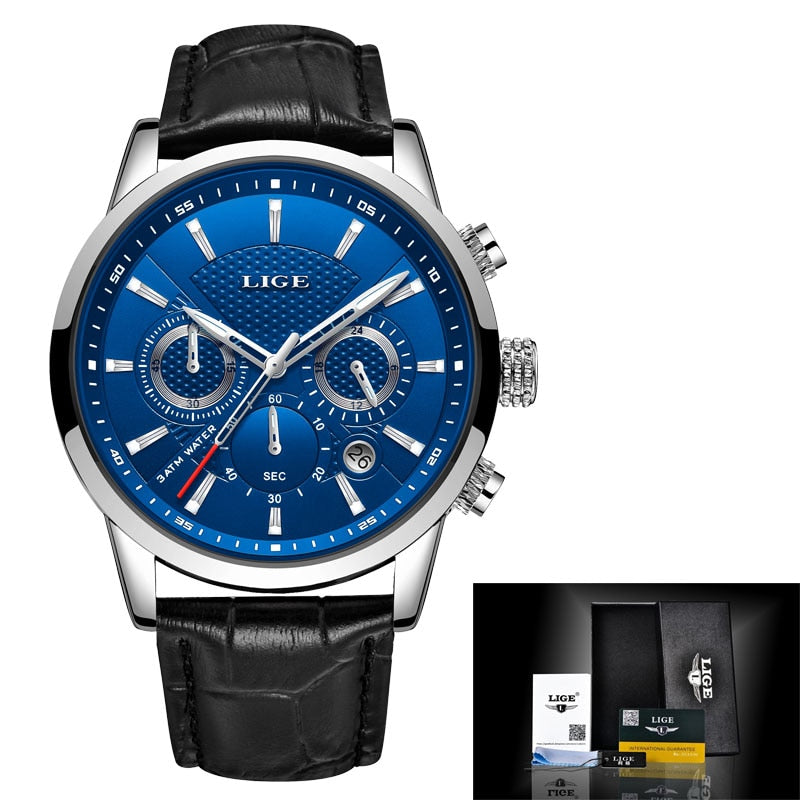 LIGE Leather Chronograph Waterproof Sport Automatic Date Quartz Watch For Men Relogio Masculino