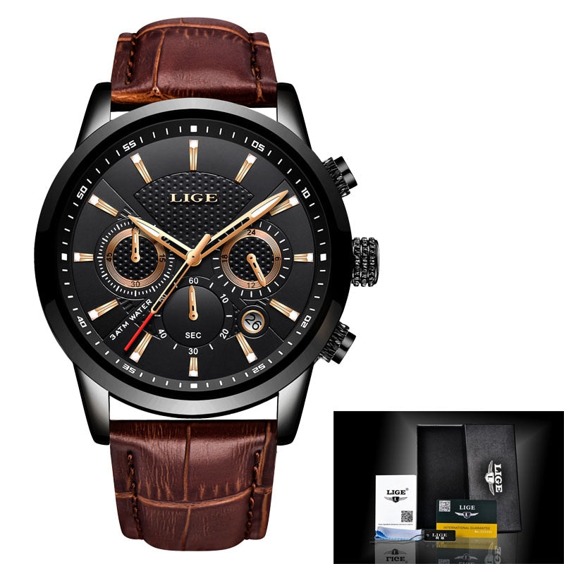 LIGE Leather Chronograph Waterproof Sport Automatic Date Quartz Watch For Men Relogio Masculino