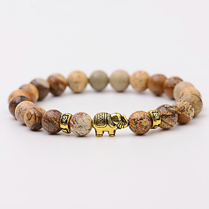 Natural Stone Bracelet Meditation Gold Elephant Beads Women Men