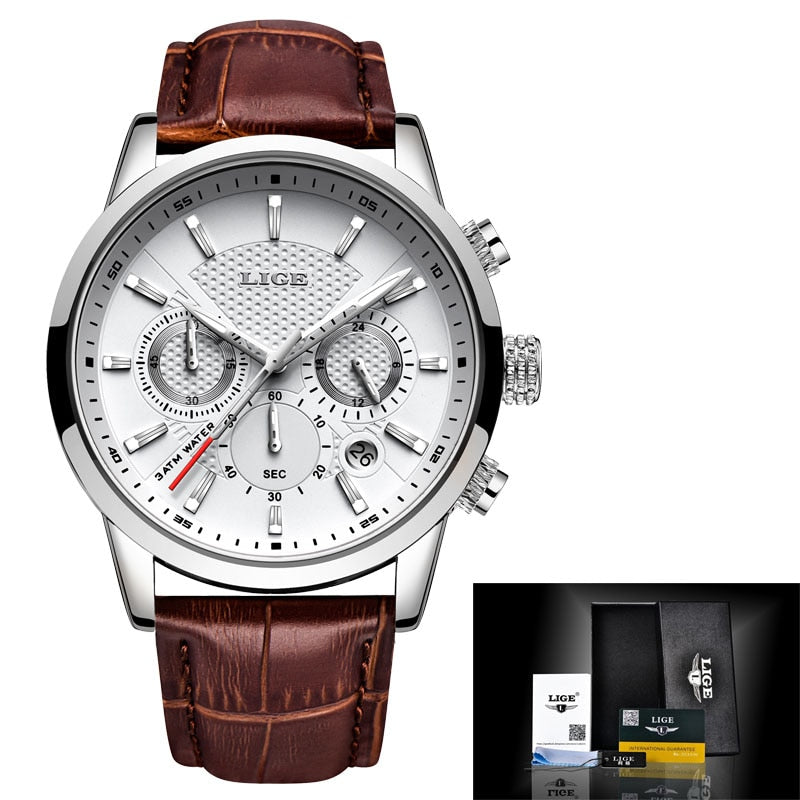 LIGE Leather Chronograph Waterproof Sport Automatic Date Quartz Watch For Men Relogio Masculino