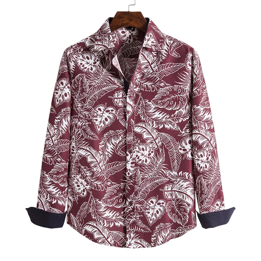 Men Floral Print Cotton Shirt Summer Autumn Long Sleeve