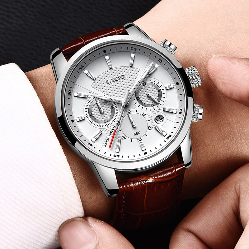 LIGE Leather Chronograph Waterproof Sport Automatic Date Quartz Watch For Men Relogio Masculino