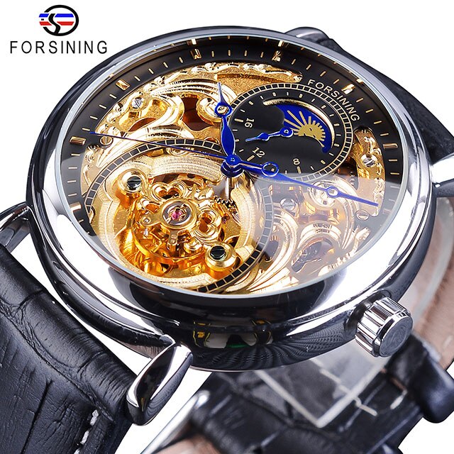 Forsining 2018 Royal Golden Skeleton Display Blue Hands Brown Genuine Leather Band Mens Mechanical Wristwatches Clock Male