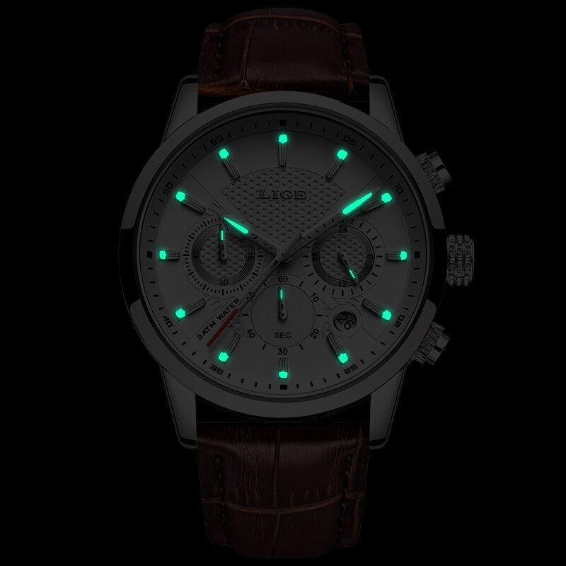 LIGE Leather Chronograph Waterproof Sport Automatic Date Quartz Watch For Men Relogio Masculino