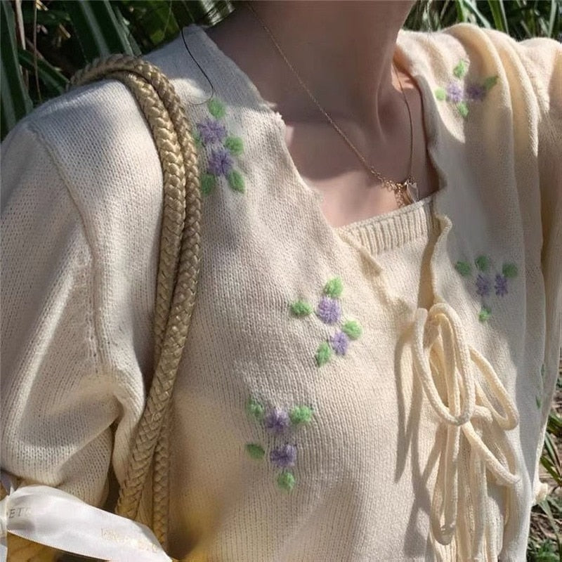 Cardigan Women Vintage Embroidery Sweet Simple Tender Spring Lovely Lace-up Bow All-match Sun Protection Daily Knitted Sweaters