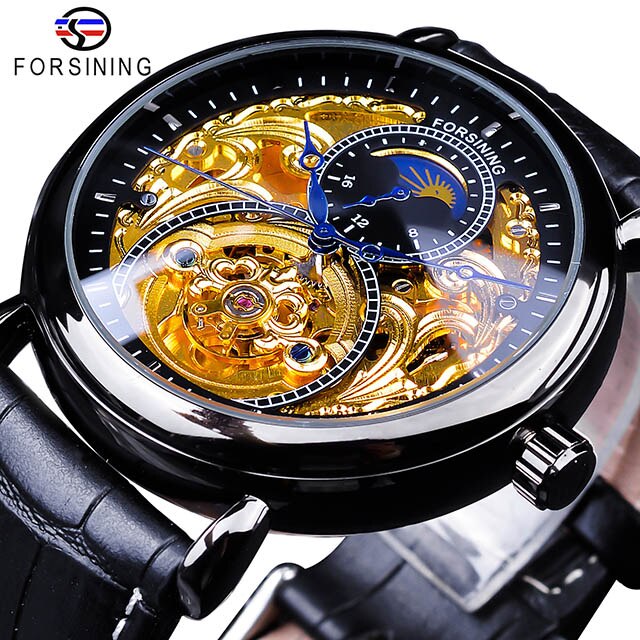 Forsining 2018 Royal Golden Skeleton Display Blue Hands Brown Genuine Leather Band Mens Mechanical Wristwatches Clock Male