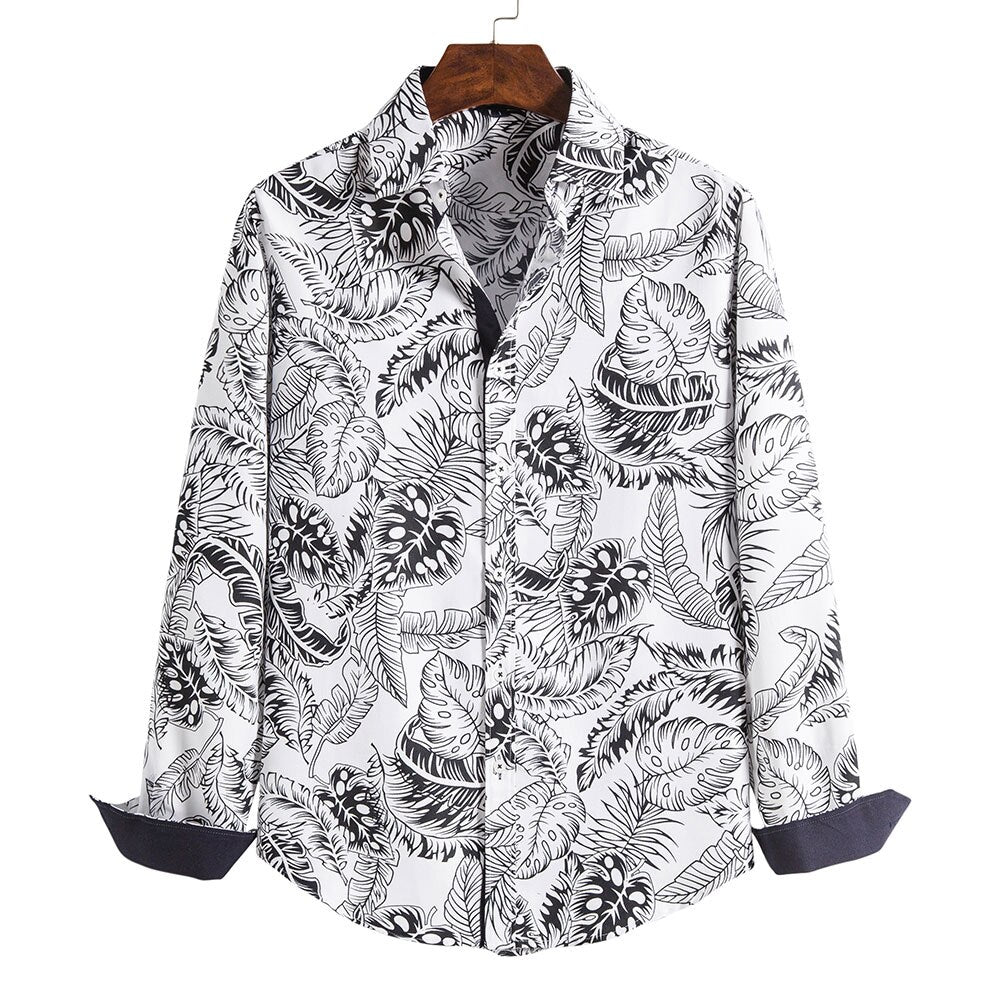 Men Floral Print Cotton Shirt Summer Autumn Long Sleeve