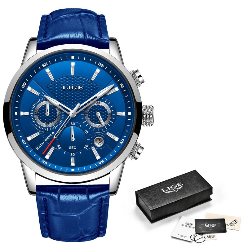 LIGE Leather Chronograph Waterproof Sport Automatic Date Quartz Watch For Men Relogio Masculino