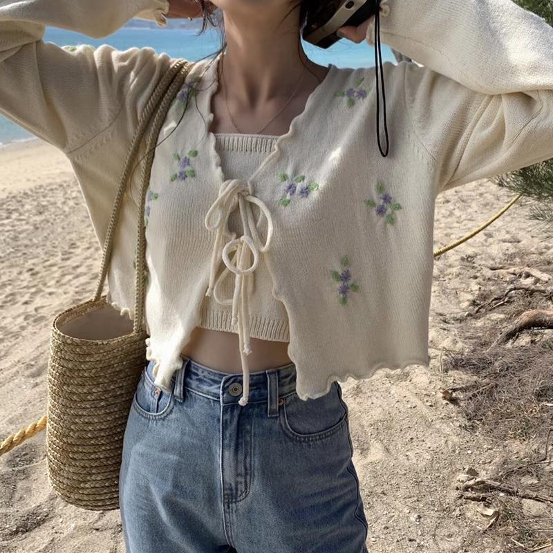 Cardigan Women Vintage Embroidery Sweet Simple Tender Spring Lovely Lace-up Bow All-match Sun Protection Daily Knitted Sweaters