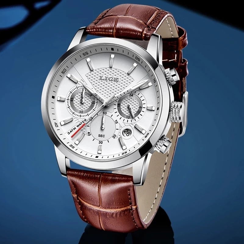 LIGE Leather Chronograph Waterproof Sport Automatic Date Quartz Watch For Men Relogio Masculino