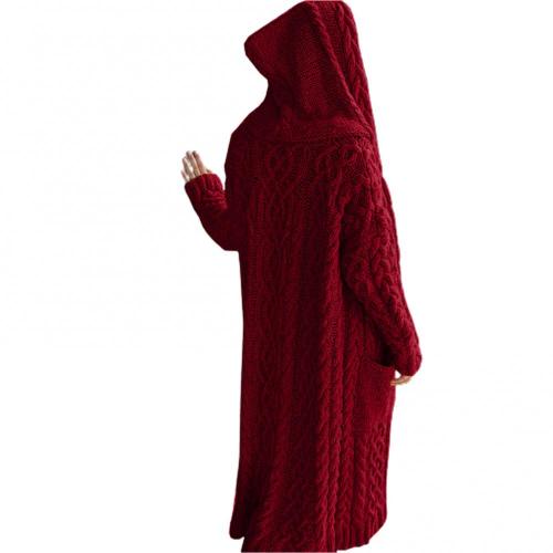 Coarse Stitch Women Loose Twist Braids Lazy Wind Hooded Long Cardigan Sweater