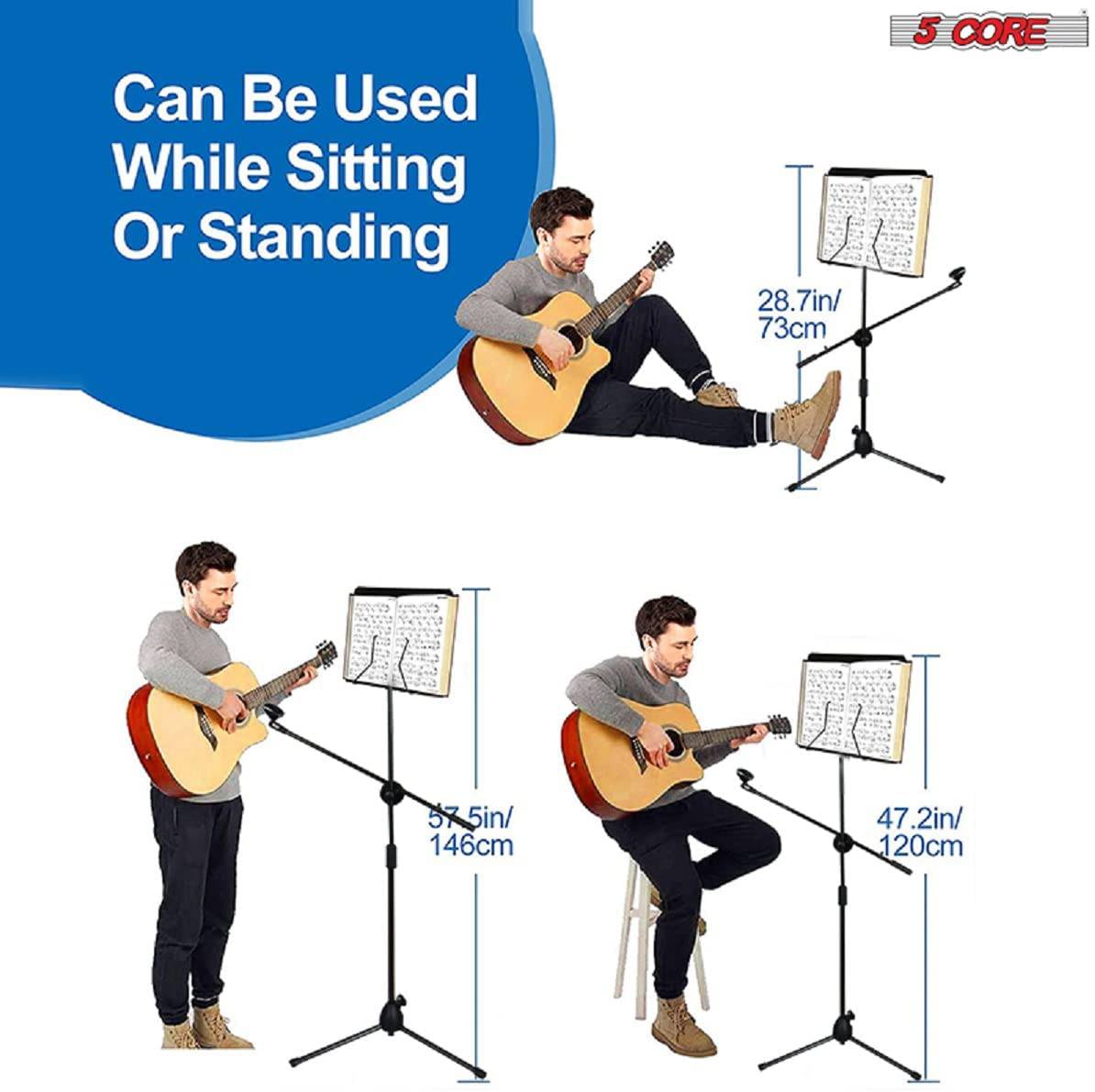 5 Core Sheet Music Stand With Mic Stand Holder - 3 IN 1 Professional Portable Music Stand with Folding Tray, Detachable Microphone Stand & Carry Bag, Dual-Use for Sheet Music & Projector Stand MUS MH