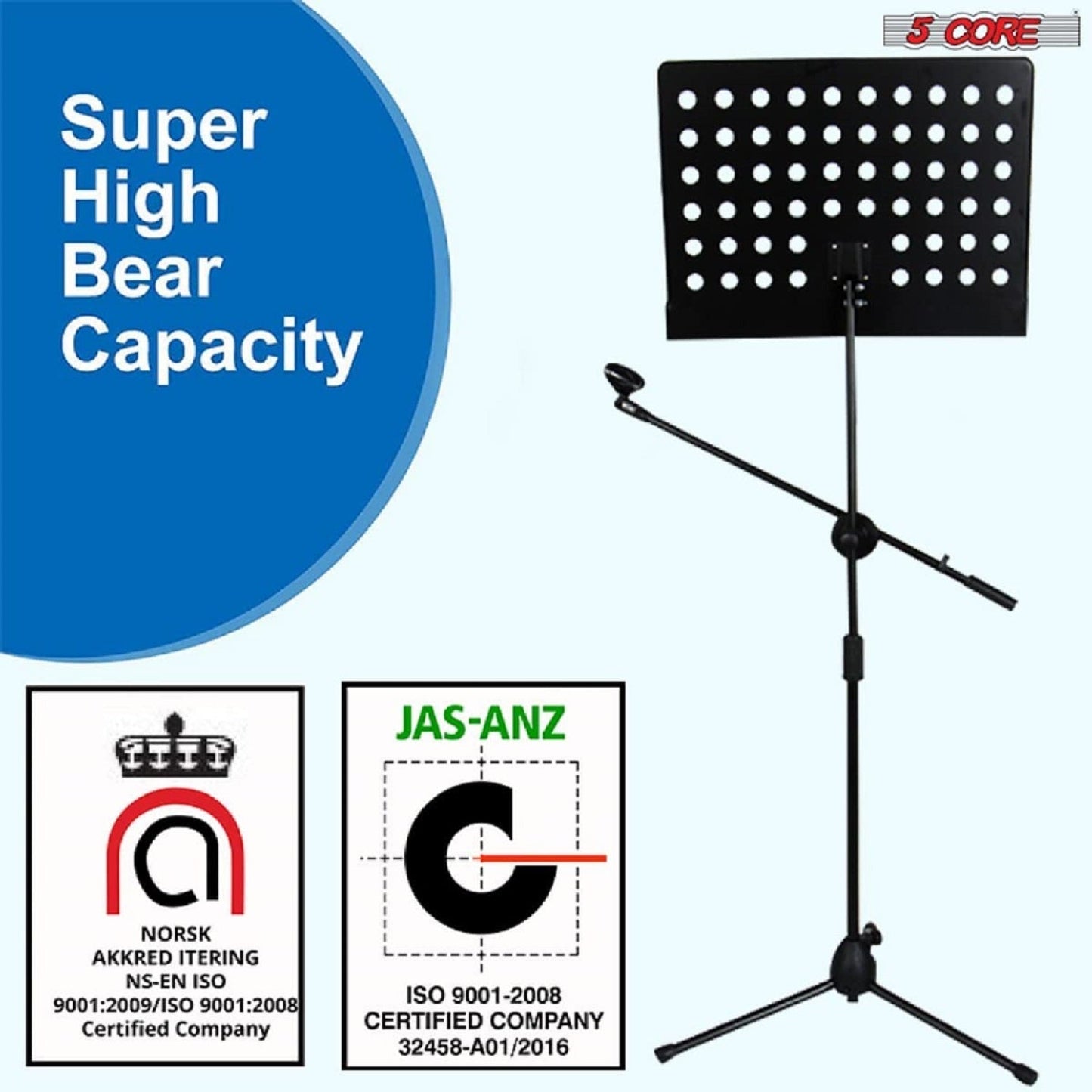 5 Core Sheet Music Stand With Mic Stand Holder - 3 IN 1 Professional Portable Music Stand with Folding Tray, Detachable Microphone Stand & Carry Bag, Dual-Use for Sheet Music & Projector Stand MUS MH