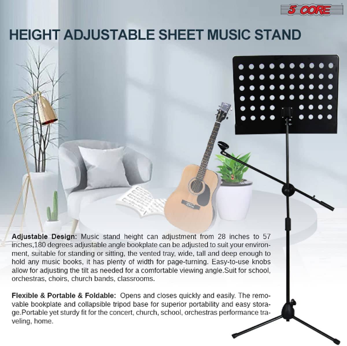 5 Core Sheet Music Stand With Mic Stand Holder - 3 IN 1 Professional Portable Music Stand with Folding Tray, Detachable Microphone Stand & Carry Bag, Dual-Use for Sheet Music & Projector Stand MUS MH