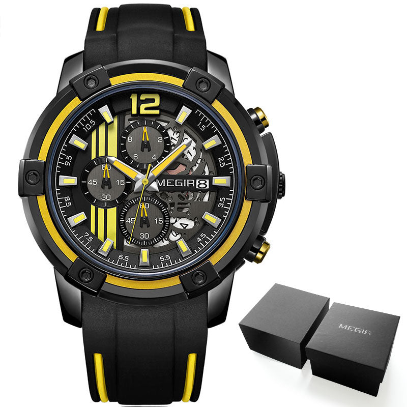 Watches Chronograph Sports Wristwatch for Men 3atm Waterproof Megir Men's Black Silicone Strap Quartz Luminous Hands 2097 Yellow