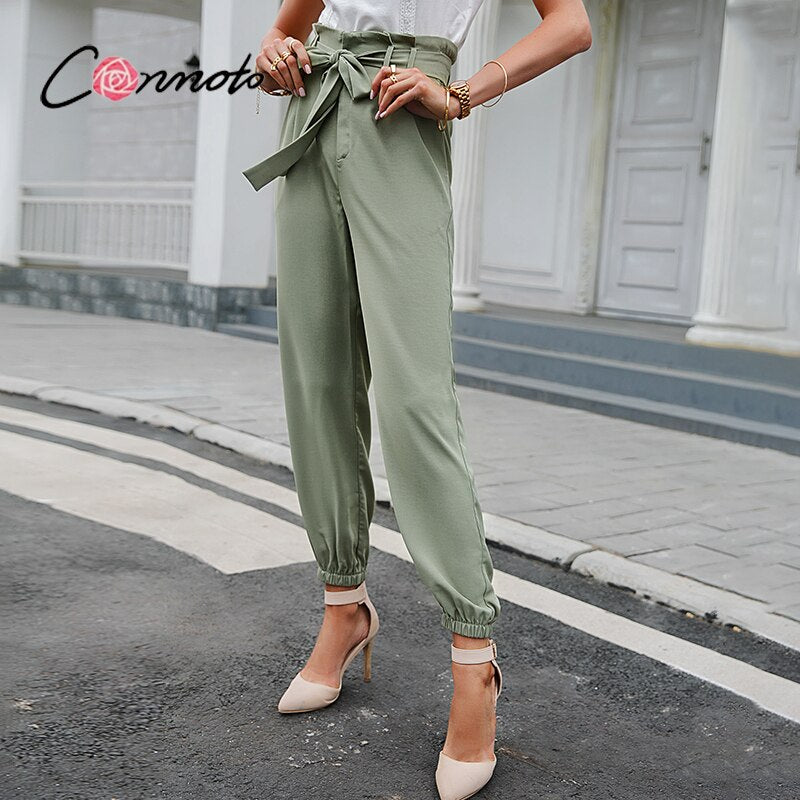 trousers High street style lace-up solid high waist casual spring summer women pants Fashion Loose long harem pants new