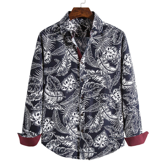 Men Floral Print Cotton Shirt Summer Autumn Long Sleeve