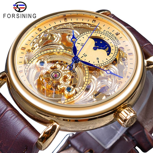 Forsining 2018 Royal Golden Skeleton Display Blue Hands Brown Genuine Leather Band Mens Mechanical Wristwatches Clock Male