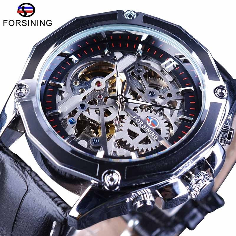 Forsining 2018 Royal Golden Skeleton Display Blue Hands Brown Genuine Leather Band Mens Mechanical Wristwatches Clock Male